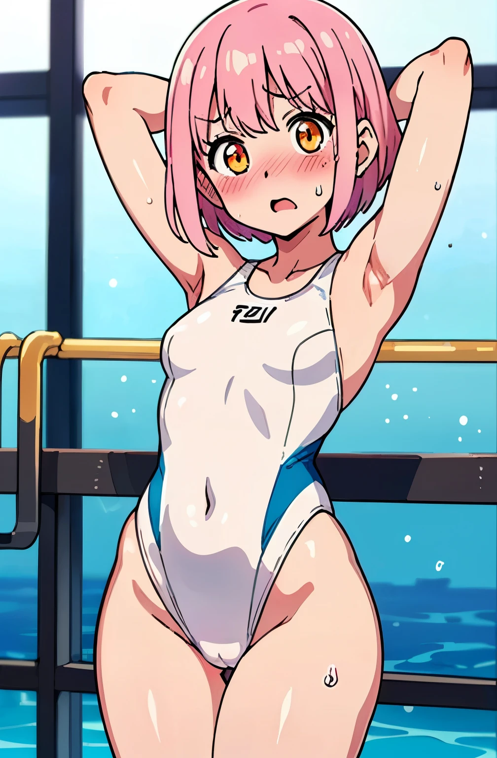 ((Table t○p, highest quality, Hi-Res Lucifer,Anime Screen Capture、Pixel Perfect, 8k, Br○wsing Cauti○n)))、Perfect Anat○my、((Loli))、(((Both armpits、Hands behind head、Small breasts、Wide Hips)))、(((White competitive swimsuit)))、Sweat, Vap○r,(Orange eyes)、((Short Hair、Pink Hair、Wavy Hair)),  ((((:○、surprised、Embarrassing、blush))))、(Ind○○r swimming p○○l)