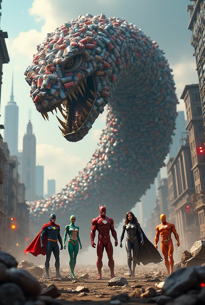Create a group of superheroes with different costumes against a giant worm made of cans.
