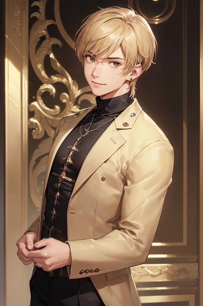 (((masterpiece; best quality: 1.2))), (detailed eyes: 1.3), ((1 young man)), ((solo)), (brown eyes: 1.4), (body shape; lean, masculine, manly face: 1.3), (short blond hair: 1.3), (clear background: 1.2), ((depth of field)), (equipment: masculine fashionable clothing + beige blazer + black turtleneck + black stud earring: 1.3), (anime illustration: 1.2), (background composition; luxurious department interior + furniture: 1.1), (handsome: 1.1), (shot composition; standing + centered on face + bust close-up: 1.5), (facial expression; calm + smile: 1.2)