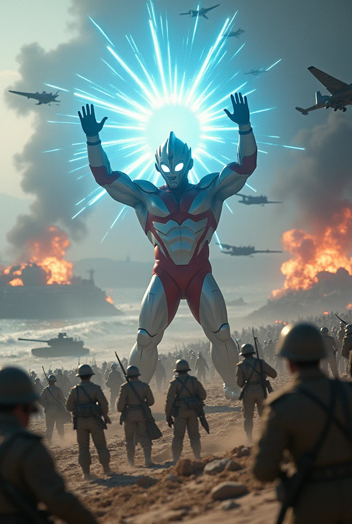 Ultraman taro . Two hand clap to blast blue fired to army enemy swimming in pool fighting and kicking a huge army on a battlefield, detailed war scene with soldiers, tanks, aircraft, explosions, sea, beach, tilt-shift photography style, 1940s world war 2 setting, hyperdetailed, cinematic, masterpiece, best quality, 8k, hyper realistic, volumetric lighting, dramatic lighting, vibrant colors, highly detailed, intricate details, subtle film grain, seamless composition