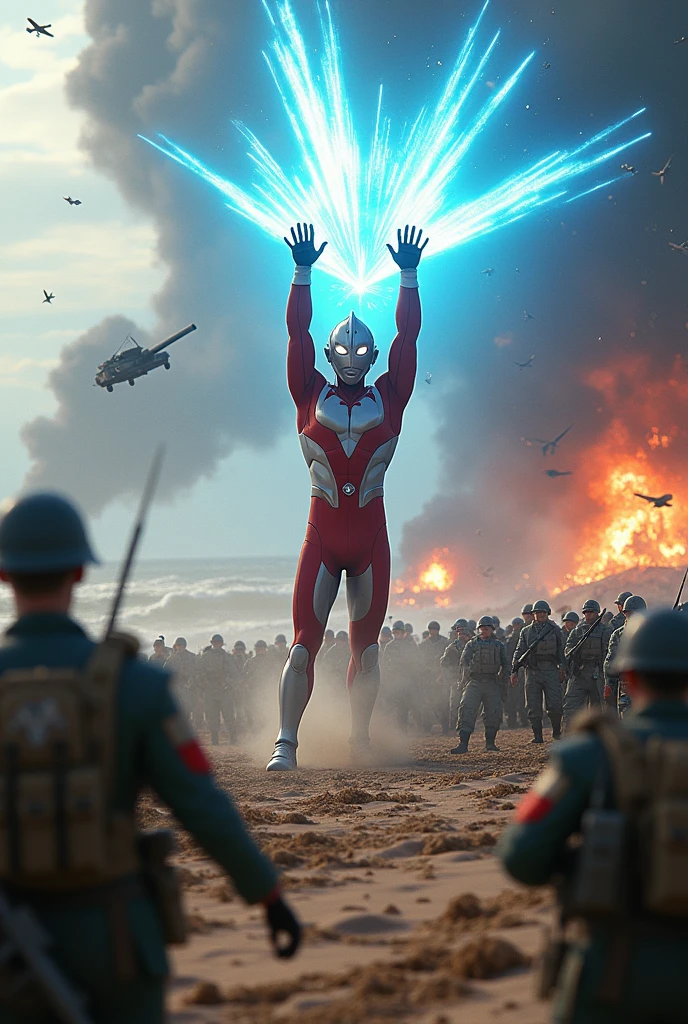 Ultraman taro . Two hand clap to blast blue fired to army enemy swimming in pool fighting and kicking a huge army on a battlefield, detailed war scene with soldiers, tanks, aircraft, explosions, sea, beach, tilt-shift photography style, 1940s world war 2 setting, hyperdetailed, cinematic, masterpiece, best quality, 8k, hyper realistic, volumetric lighting, dramatic lighting, vibrant colors, highly detailed, intricate details, subtle film grain, seamless composition