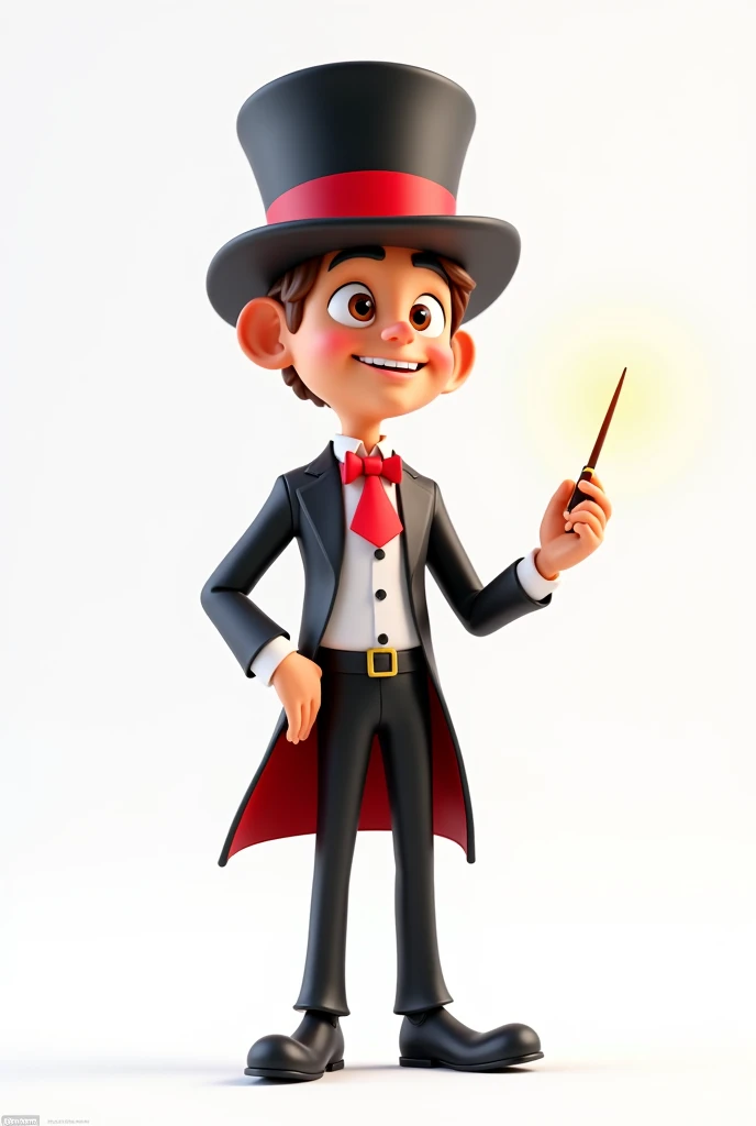A happy and cute person with short brown hair, wearing a magician's outfit consisting of a white shirt, a red tie, a pair of black pants, shoes black, a black top hat with a red band on his head and a magic wand in his hand, white background, Pixar-style, 3d, Cartoon s, face detailed, asymmetric