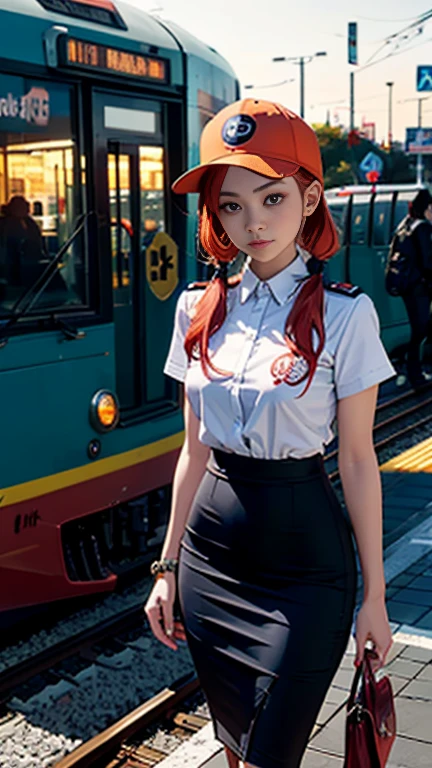 1girl, solo, red hair, red eyes, twintails, employee uniform, pencil skirt, skull print, navy cap, orange sky,, outdoors, train station, standing in front of bus,, 