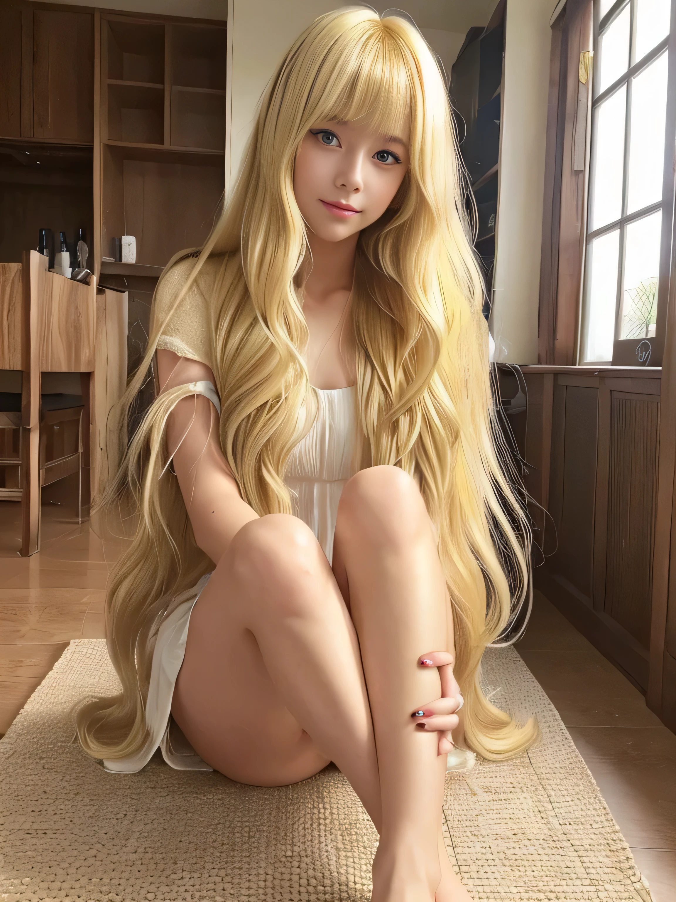 ((Full Shot:1.3)) (big 1.4) Beautiful Fantasy Girl、(She is 24 years old、France's Most Beautiful Fantasy Girl Heroine)、(Highest quality)), ((masterpiece)), (Get used to it), Perfect Face (1 person) ((Her hair is blonde:1.5)) ((Her hair is very wavy!!!)) ((Beautiful Fantasy Girl with Long Light Blonde Hair Very long hair down to the ankles!!!!! Asymmetrical bangs、