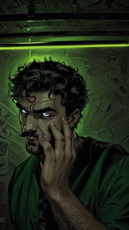 "A 19 year old young man, with curly hair, wears a green shirt that contrasts with his intense and enigmatic gaze. He sports a thin mustache and a small beard on his chin., that add an air of mystery to your look. Ao fundo, a neon green light emanates a dark atmosphere, highlighting your face dramatically. The artistic style of the image is similar to a comic book villain, with deep shadows and striking features that highlight his imposing appearance. Your eyes convey confidence and cunning, and his smile is slightly curved, suggesting Machiavellian intentions. The aura around you is intimidating, as if he was plotting something grand and dangerous."