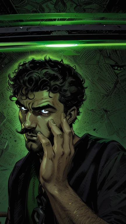 "A 19 year old young man, with curly hair, wears a green shirt that contrasts with his intense and enigmatic gaze. He sports a thin mustache and a small beard on his chin., that add an air of mystery to your look. Ao fundo, a neon green light emanates a dark atmosphere, highlighting your face dramatically. The artistic style of the image is similar to a comic book villain, with deep shadows and striking features that highlight his imposing appearance. Your eyes convey confidence and cunning, and his smile is slightly curved, suggesting Machiavellian intentions. The aura around you is intimidating, as if he was plotting something grand and dangerous."
