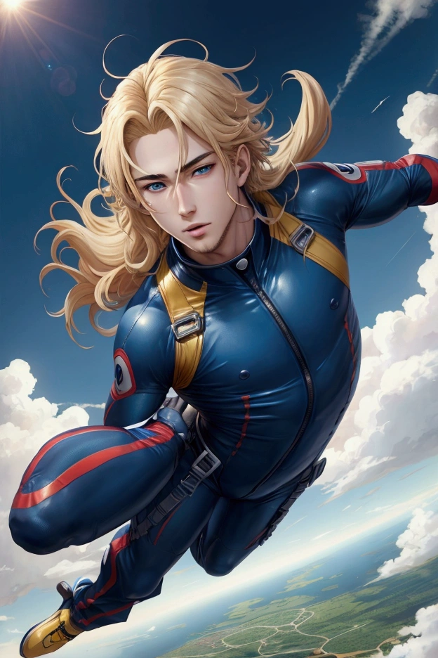 very realistic anime boy high definition a very handsome with golden hair with subtle waves blue eyes, he is practicing skydiving