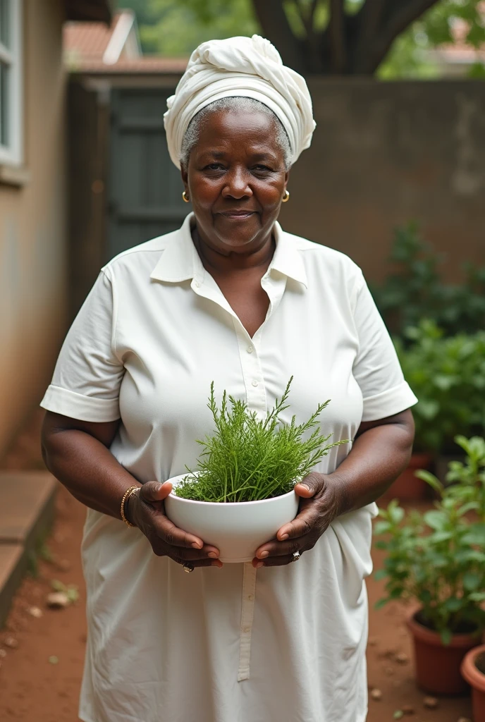 an elderly, a corpulent black woman wearing a white blouse and skirt, with a white cloth on her head. holding a white porcelain bowl full of herbs, in a humble clay backyard.