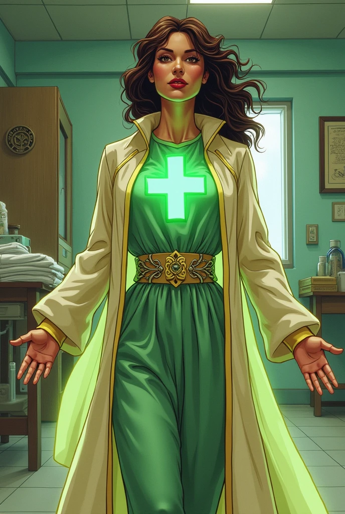 You can make a Brazilian superhero with healing powers that she works with in a hospital (that it looks like an old comic)
with a robe with a green cross