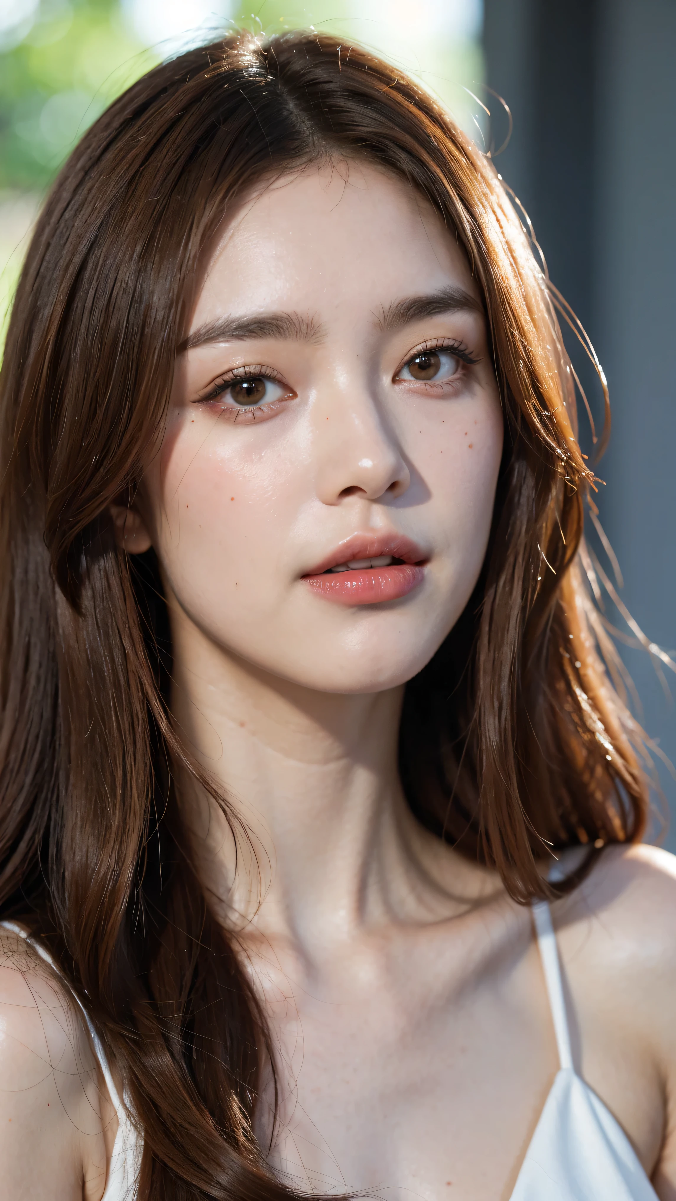 a woman with red hair, hyper-realistic skin, shiny/glossy, modern jewelry, gongbi, portraiture, dark teal and light gold, tropical landscapes, Face portrait photo oF a 21 Year-old German woman, .raw, beautiFul woman, half strawberry lips, strawberry lipstick, Fossettes, big breast, realistic close-up, cheesy smile, high heels, nostalgic look, detailed light brown eyes, great student, thin eyelashes, (Brown extra long blond hair), ((detailed Face)), ((detailed Facial Features and skin texture)), (Finely detailed skin), light brown skin, (Deep neckline detailing high-tech cyberpunk dress), Cyberpunk big city environment, (cold colors), moist, moist, reFlections, (masterpiece) (height ratio / perfect width) (photo realist) (best quality) (detailed) Shot with Canon EOS R5, ObjectiF 50mm, F/2.8, human development report, (8k) (wallpaper) (light) (Dramatic Light) (sharp focus) (complicated), sharp details, skin detail sharpness, 