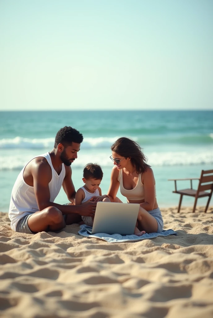 A 30-year-old brown-skinned man, playing with your family on the beach, dressed in shorts and a tank top, sitting on the sand with his son and wife while his laptop is far away from him on a chair. High resolution photography, lente angular