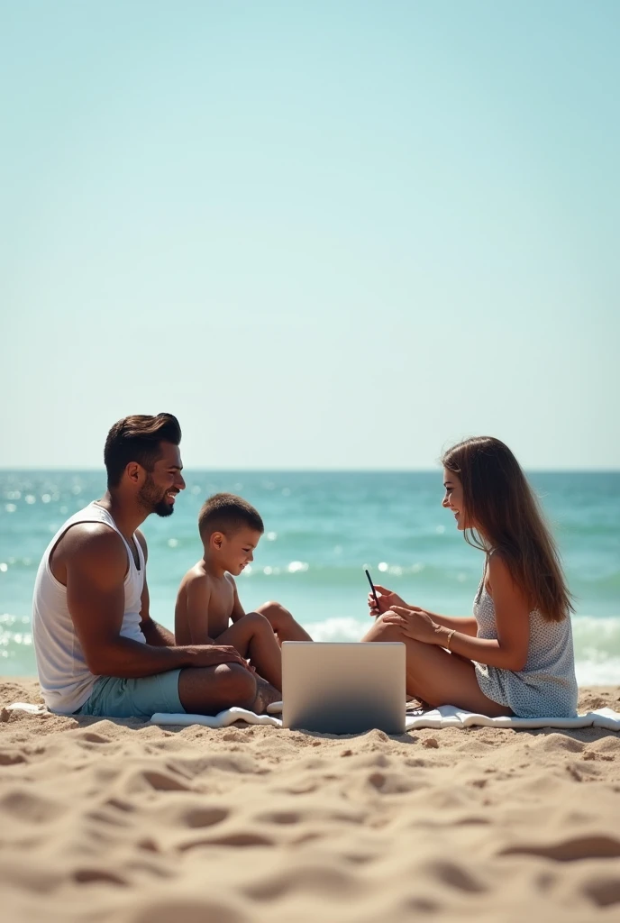 A 30-year-old brown-skinned man, playing with your family on the beach, dressed in shorts and a tank top, sitting on the sand with his son and wife while his laptop is far away from him on a chair. High resolution photography, lente angular