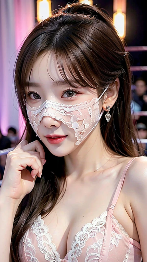 ((masterpiece: 1.4, best quality))+,(ultra detail)+, official art, unity 8k wallpaper, ultra detail, beautiful, high quality, Highlight your cute face, masterpiece, best quality, (The brightly lit pro wrestling ring was packed with spectators.:1.37), medium length straight hair, (brown eyes, brown hair), bust, looking straight ahead, Smiling brightly, (white lace, thin, A revealing pink lingerie :1.37), colorful earrings, (beautiful 눈:1.3), (Cover your face with a Venetian mask:1.4)
