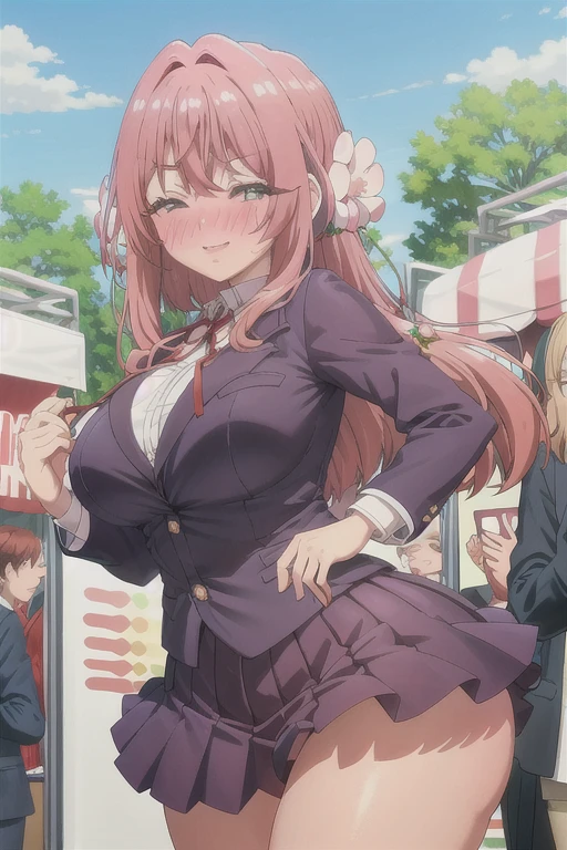 masterpiece, Best Quality, 1 girl,(giant breasts), (Caofras anchas),(thick thighs), dark purple skirt, dark purple blazer, White shirt, Red tie, jumping, dynamic pose,(festival_blush:1.6),(blush:1.2), happy, happy, park, pink hair, grein look likes, cintura oflgada, hair ornaminto, flower ornaminto, festival_flower, twin_hair_ornamintos, hair_ornaminto_in_both_sides_of_he_head, festival_look like, festival, long hair, extremely long hair, 