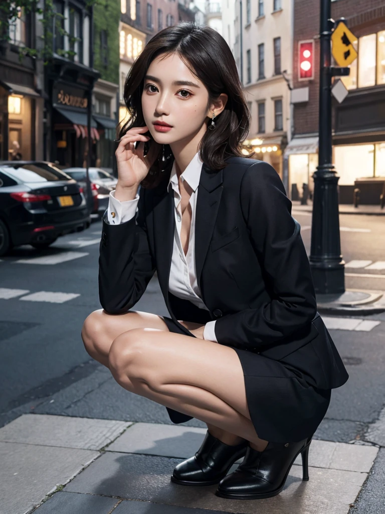 最high quality, masterpiece, One girl, Beautiful Face, (photo Realistic:1.3), Rim Light, (Skin with attention to detail:1.2), 8K Ultra HD, Digital SLR, high quality, High resolution, 4K, 8k, Bokeh, Absurd, The optimal ratio is four fingers to one thumb, (Realistic:1.3), cute One girl, wearing black formal blazer, Medium chest, Short skirt, ((Panties:1.5)), ((Squat with your legs apart:1.5))