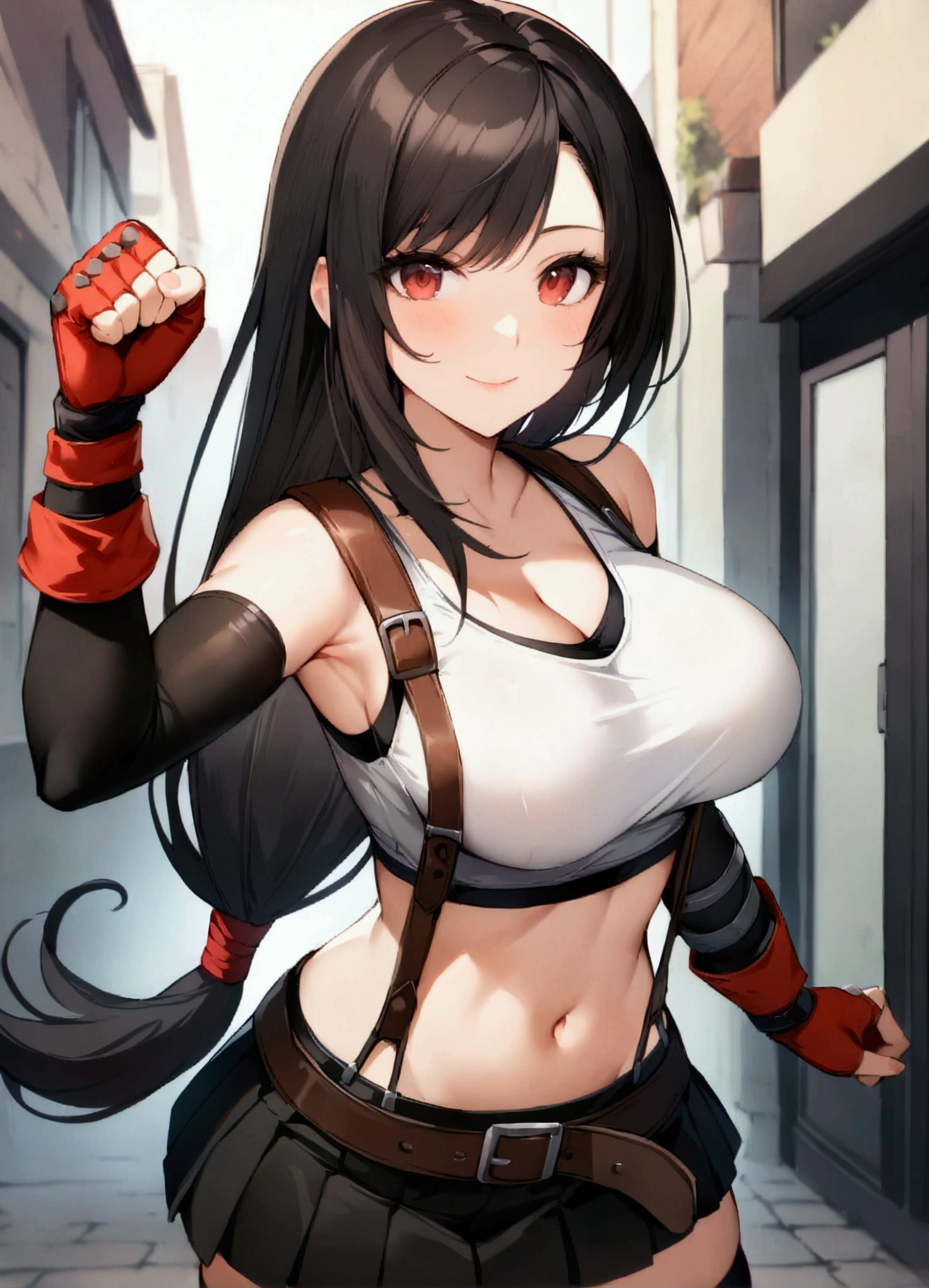 (score_9, score_8_up, score_7_up), BREAK (masterpeace),(best quality),(aesthetic,very aesthetic),(highly detailed),1girl, tifa lockhart, final fantasy,(beautiful). black hair, low-tied long hair, red eyes, bangs, white tank top, belt, pleated skirt, thighhighs, elbow fingerless gloves, elbow pads, midriff, navel,suspender skirt.zettai ryouiki,large_breasts,gap,Solo,cowboy shot,looking at viewer, vibrant, joyful,outdoor,Showcasing cleavage,fist,dynamicangle,dynamic ,