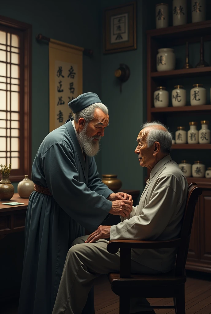 A 60 years old chinese traditional physician who is examining an old patient.