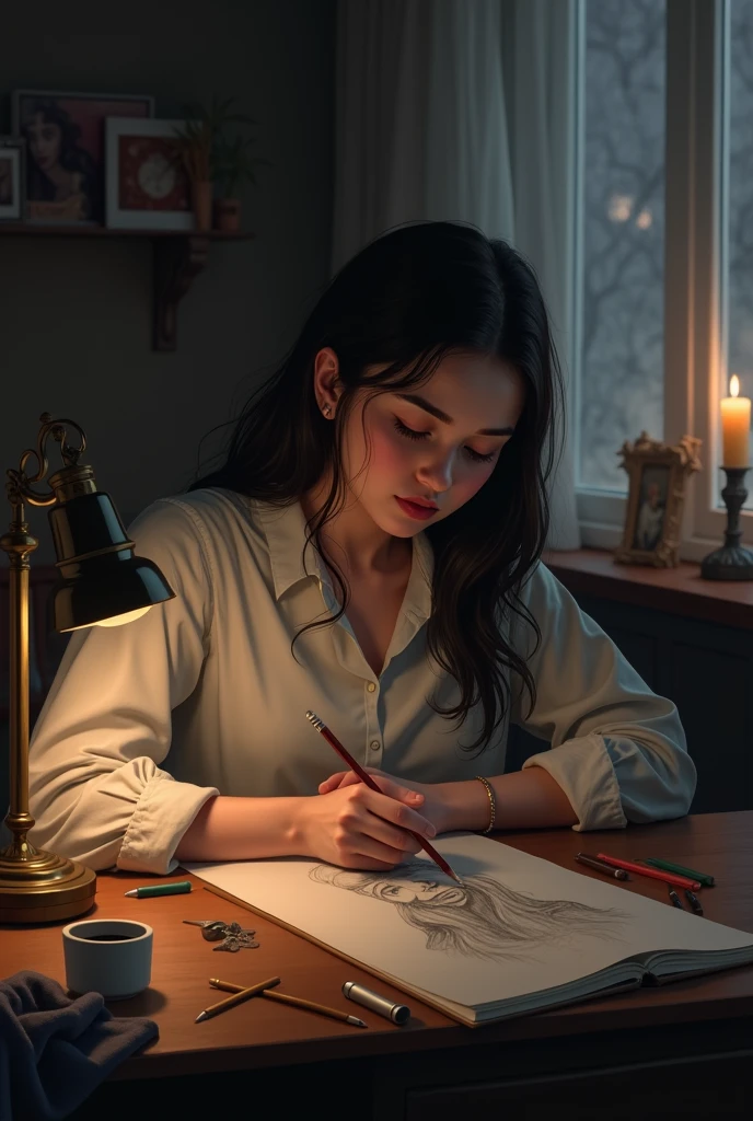 woman in her room sadly drawing the face of her lover who cannot be seen