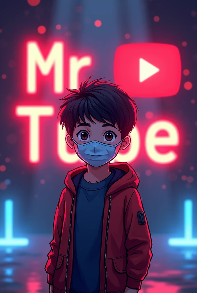 Create a a digital illustration in logo image featuring a boy wearing a face mask, standing in front of a glowing background. In the background, prominently display the text "Mr YouTube" in a bold, glowing font. The overall design should be eye-catching and visually striking, with the glowing text adding a dynamic and engaging effect.