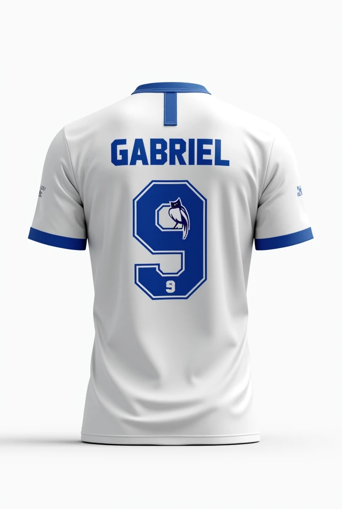 a football team shirt, white background, blue and white color, stamping the name Gabriel, with number 9, inside the nine a small minimalist owl symbol
