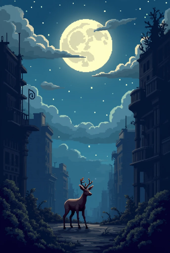 Pixel art landscape of an abandoned city with trees and a deer at night with a large moon