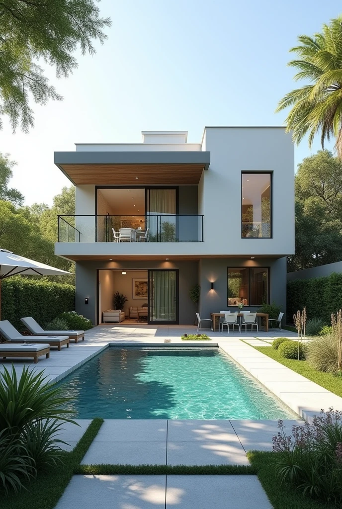 I want a two-story house with a pool and garden painted gray and ivory