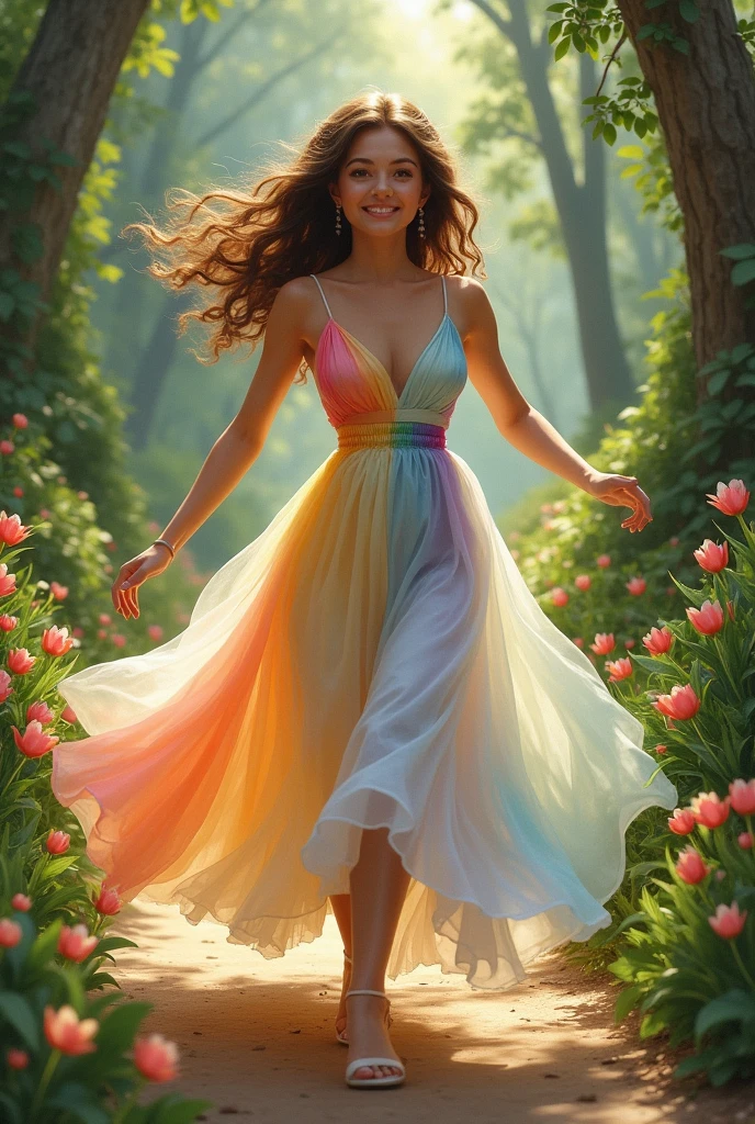 Beautiful girl with wavy long hair, long wedding dress is painted rainbow colors, short hight, big smile, big boob, long running through on walkways to me, background is realistic