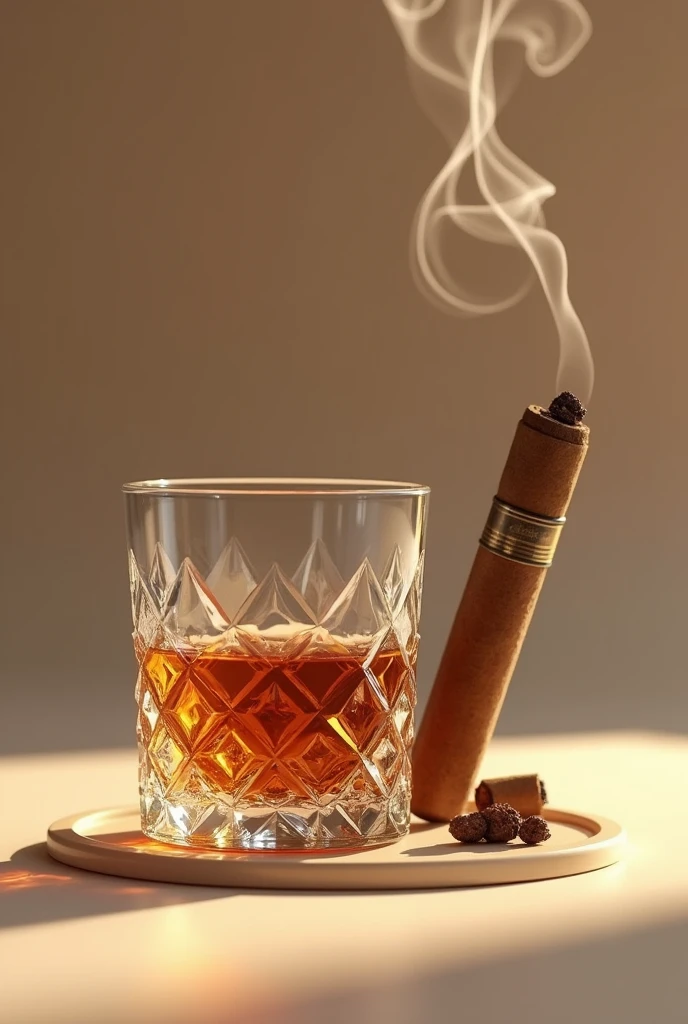 Shows a short glass of whiskey with crystal details, on a beige background and a cigar outside in the air with smoke
