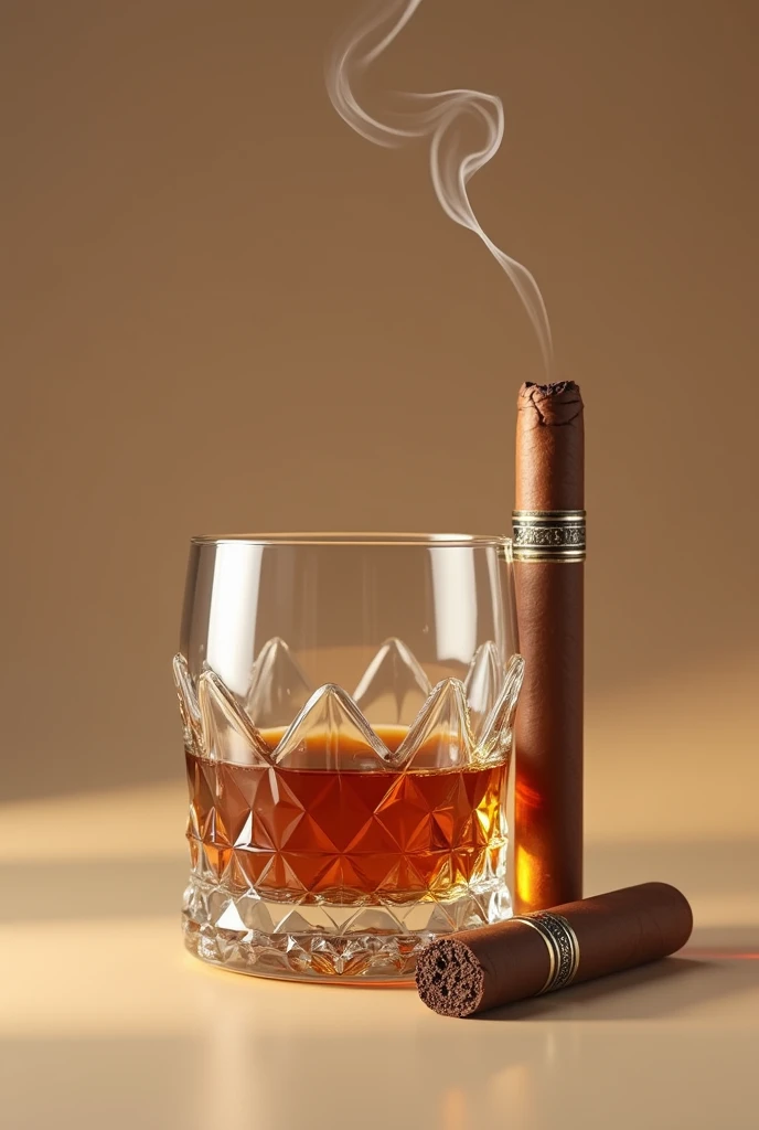 Shows a short glass of whiskey with crystal details, on a beige background and a cigar outside in the air with smoke