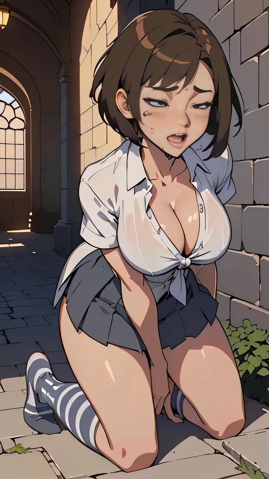 photo of mlp Meowko, RAW, beautiful woman, ((portrait)), ((detailed face:1.2)), ((anime face, anime facial feature, clear skin, glossy anime lips, clear skin), (short lesbian haircut, brunette: 1.55), (perfect proportioned body, Strong, muscular, narrow waist, narrow hips, skinny, large breasts), (ahegao expression, eyes closed, orgasm face:1.35), (she is wearing a Hogwarts witch robe, short sleeve White button down shirt, Gray pleated skirt, knee-high gray socks, striped Blue and silver tie, Cleavage), kneeling on a stone platform, splits kneeling, hands behind back, huge castle in the background, Stone brick walls, magic, (realistic photo, best quality, detailed), (8k wallpaper), (bright cinematic lighting, lens flares, beautiful light, (noon:1.3)) (sharp focus, intricate)
