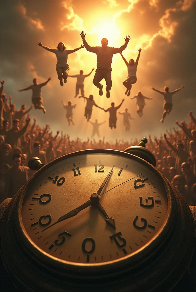 The central image shows a group of people rising into the air, with expressions of surprise and amazement on their faces. These appear to be parishioners of a church, What are they "raptured" suddenly, in an event commonly known as the "rapture of the church".

Around this central scene, you see an old clock, with hands marking a critical moment, perhaps the "seven prophetic weeks" from the bible. The clock seems to be about to run out, with a sense of urgency and anticipation.

In the background, a changing landscape is looming, with some structures or buildings fading and dissolving, as if the world as we know it is changing. Dark clouds cover the sky, suggesting an apocalyptic event or a transition to a new era.

The color palette is predominantly warm, with orange tones, Reds and golds that give a sense of intensity and drama to the scene. Symbolic details, as crosses, angels or heavenly signs, may appear in the image, reinforcing the religious and prophetic theme.