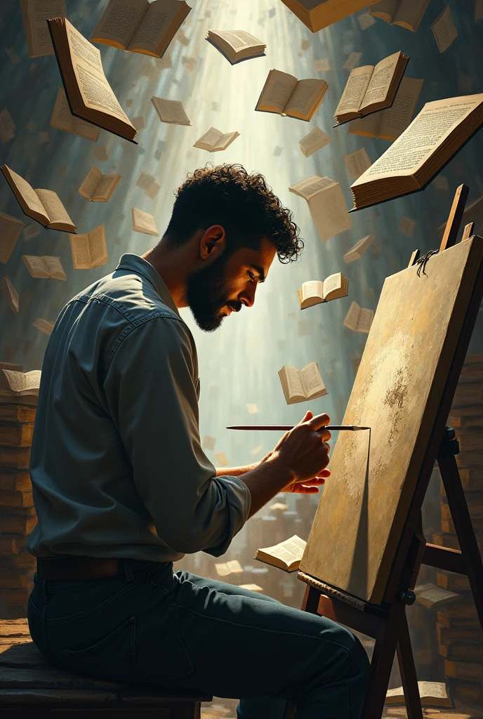 man painting feelings with many open books hanging on the walls