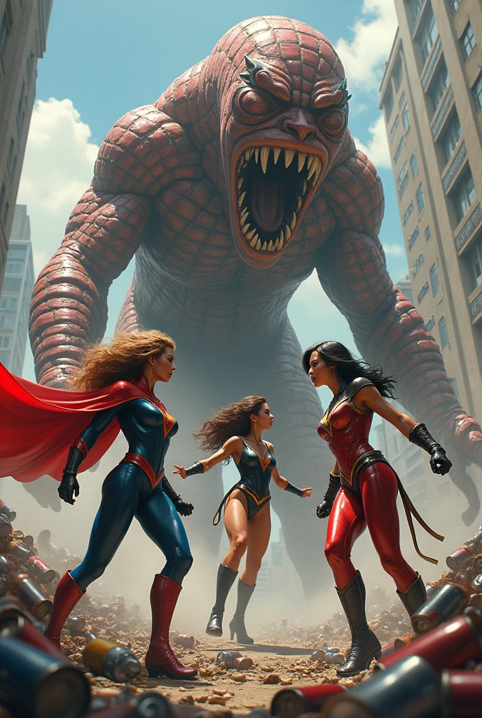 Create a group of superhero women wearing different costumes fighting a giant worm made of cans.