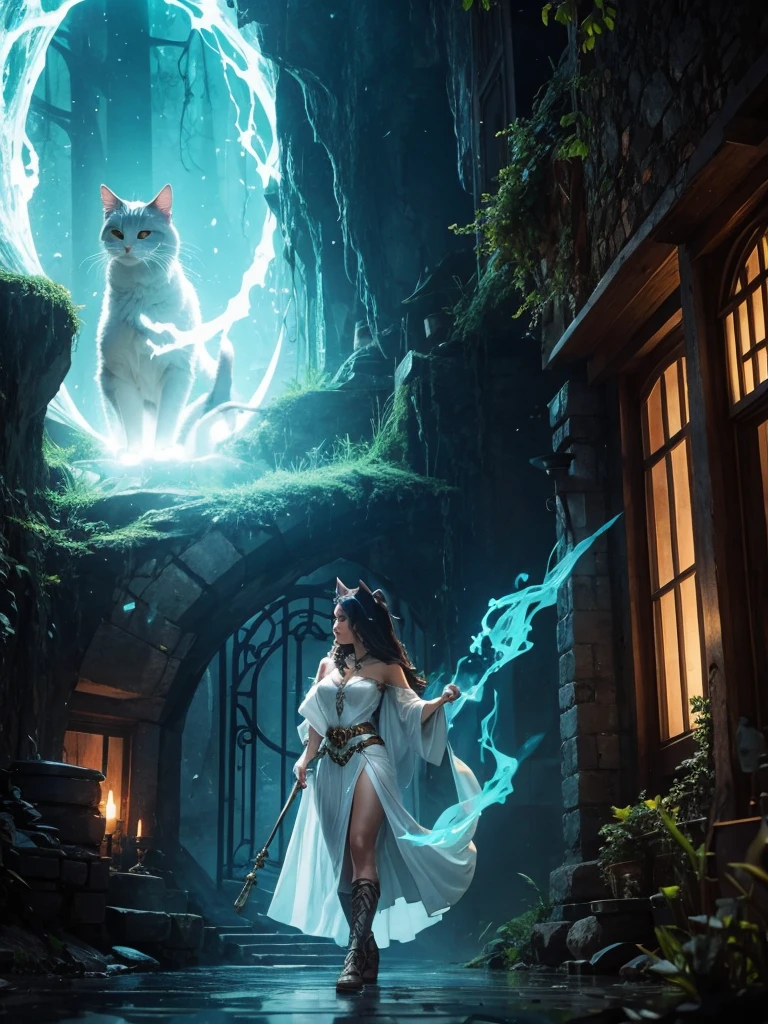 A Magical Woman, in a magical setting with a cat with turquoise glowing eyes 