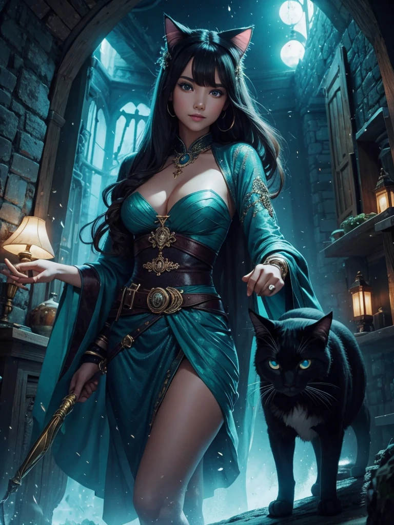 A Magical Woman, in a magical setting with a cat with turquoise glowing eyes