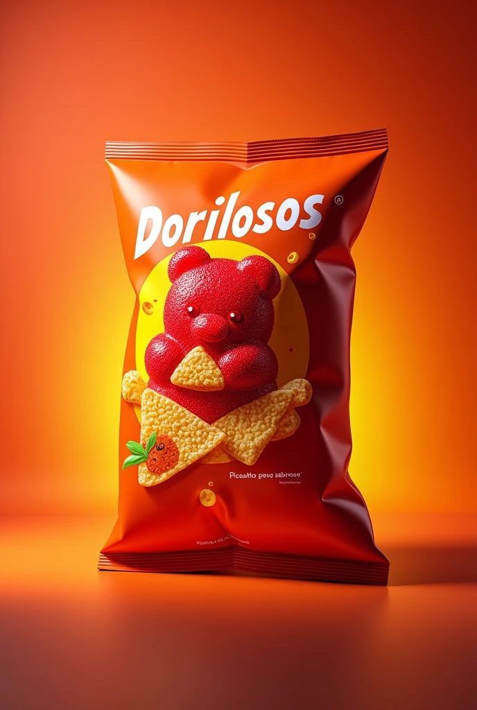 Generate an image of a bag of nachos named Dorilosos. The logo should be a red gummy bear hugging a triangular nacho with the phrase 'Picosito pero sabroso' (Spicy but delicious). Avoid adding any more words than the ones given.