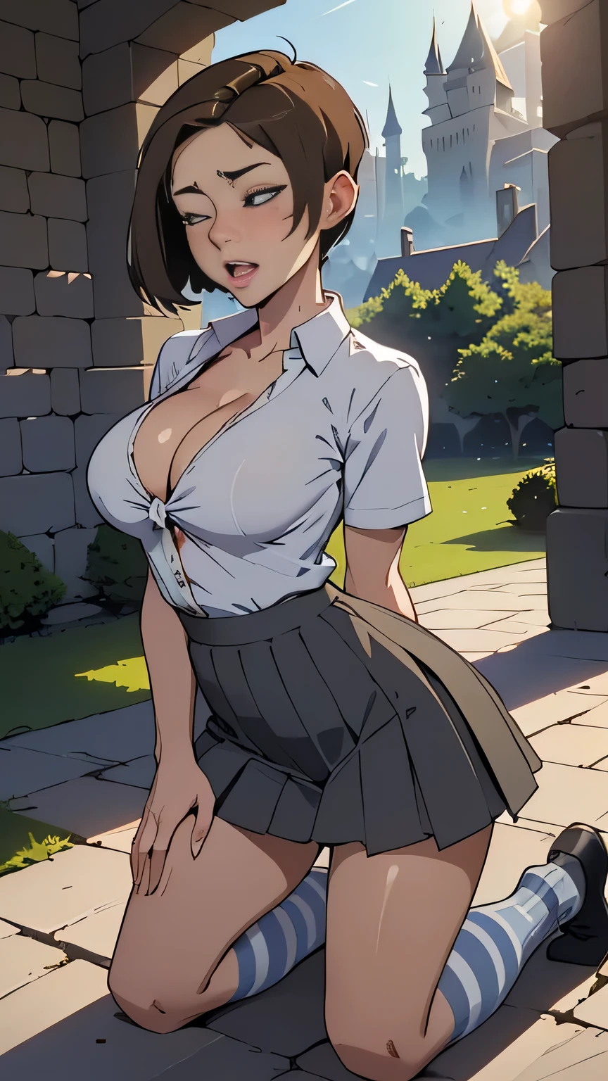 photo of mlp Meowko, RAW, beautiful woman, ((portrait)), ((detailed face:1.2)), ((anime face, anime facial feature, clear skin, glossy anime lips, clear skin), (short lesbian haircut, brunette: 1.55), (perfect proportioned body, Strong, muscular, narrow waist, narrow hips, skinny, large breasts), (ahegao expression, eyes closed, orgasm face:1.35), (she is wearing a Hogwarts witch robe, short sleeve White button down shirt, Gray pleated skirt, knee-high gray socks, striped Blue and silver tie, Cleavage), kneeling on a stone platform, splits kneeling, hands behind back, huge castle in the background, Stone brick walls, magic, (realistic photo, best quality, detailed), (8k wallpaper), (bright cinematic lighting, lens flares, beautiful light, (noon:1.3)) (sharp focus, intricate)