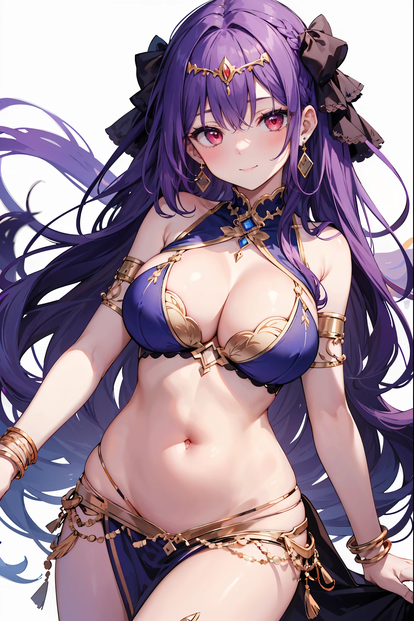 1girl, white background, red eyes, long hair, purple hair, belly dancer, circlet, earrings, armlets, bracelets, bashful smile, large breasts, cleavage, soft stomach