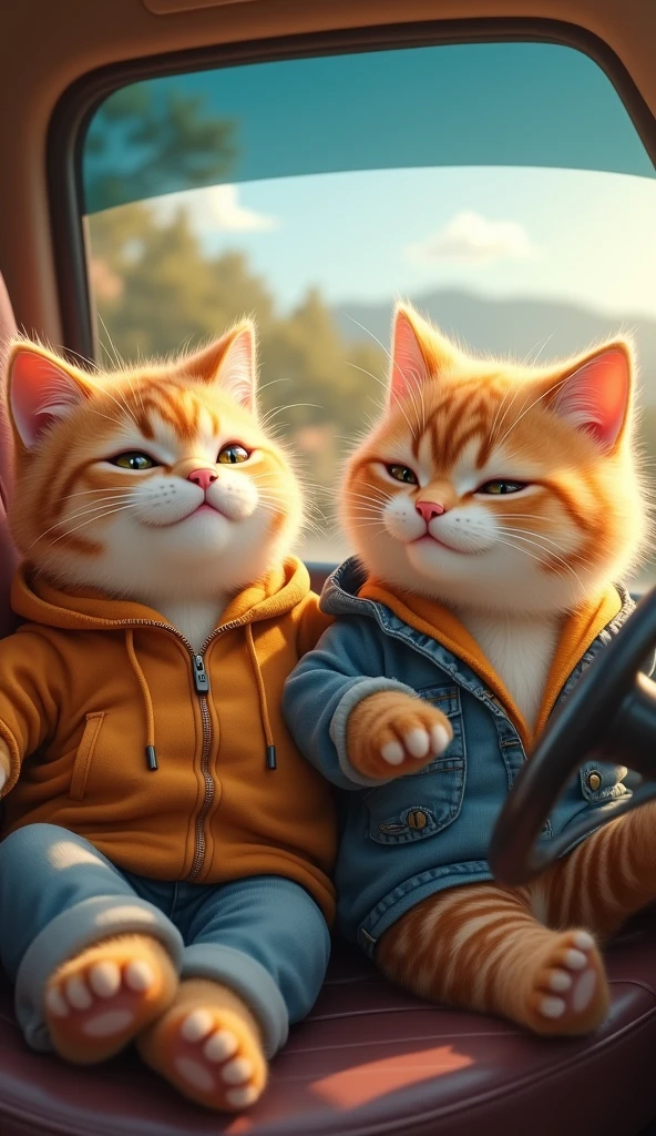 A pair of cute, chubby cats with thick, fluffy fur are in a car, with the male cat behind the wheel, focused on driving, while the female cat sits comfortably and relaxed beside him. Both are dressed in casual, human-like clothing, with the male cat looking determined and the female cat appearing cozy and content. The scene captures a charming and whimsical moment between the two cats as they enjoy their drive together.