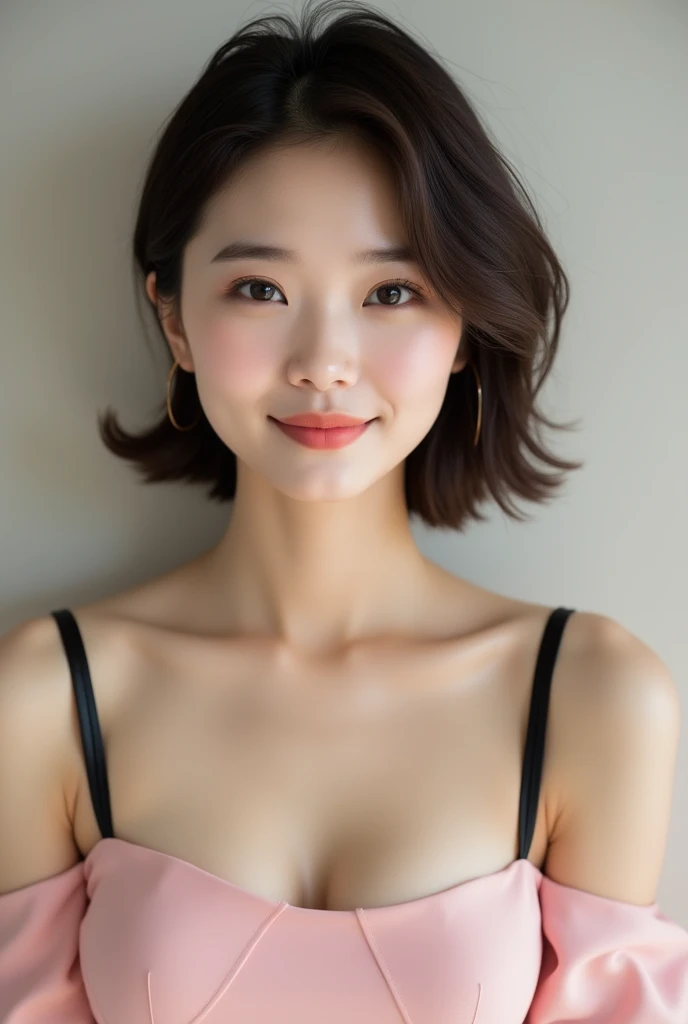 (Color photography), Realistic photos of beautiful Asian people、Slim Abs, (Highlight Haircut A Cup:1.2), Small breasts, Round shaped breasts, Perfectly shaped breasts,(( )), She should have a calm look on her face., big, Expressive eyes and rosy lips. The woman is wearing an elegant light pink outfit, Off-the-shoulder dress, With hints (((Black strap visible))), Against software, A neutral background highlighting her soft and stylish look