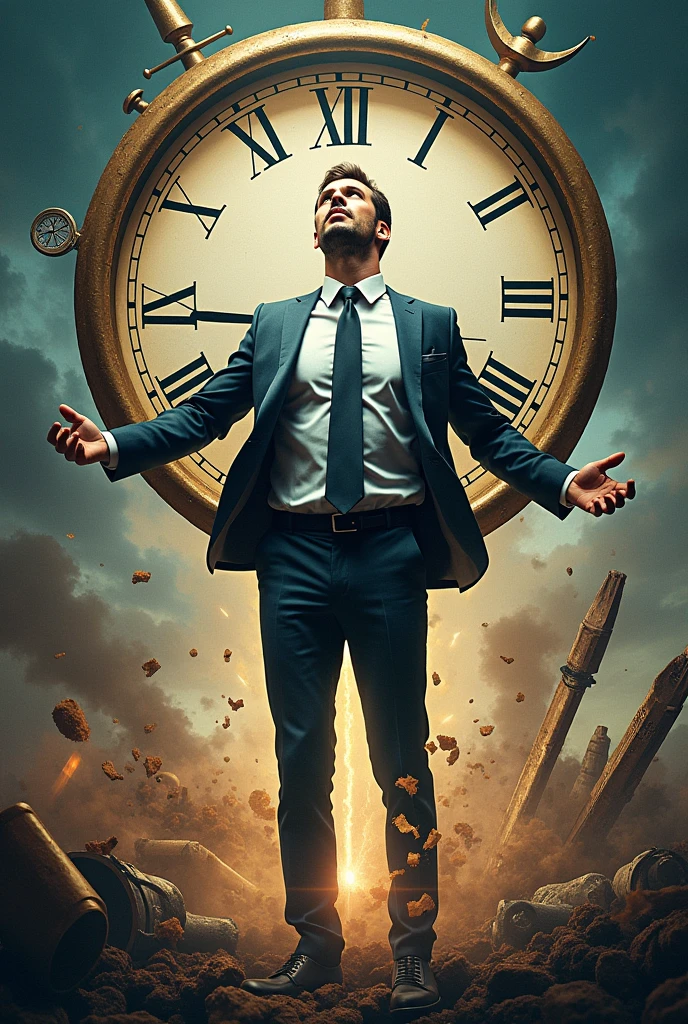 Book cover with the title in Portuguese "Become a Leader as soon as you read this business" with an image of a man fixing the clock of time and a scenario of chaos