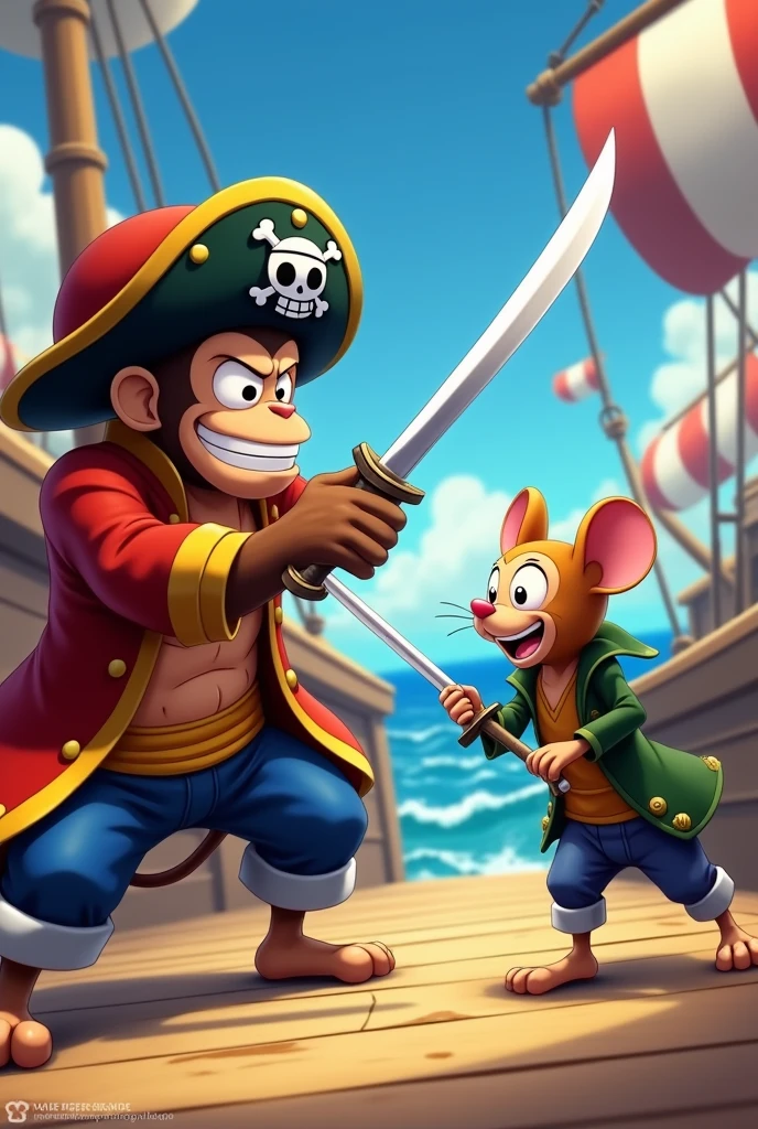 a monkey and a mouse with swords in a one piece pirate movie