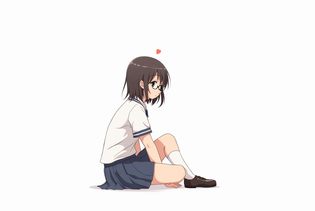 Japanese chiby anime, age girl in Japanese school white uniform, short dark brown shoulder length hair and thin bangs, beautiful black eyes, wearing round glasses sitting on the floor, white background, full body, cute,