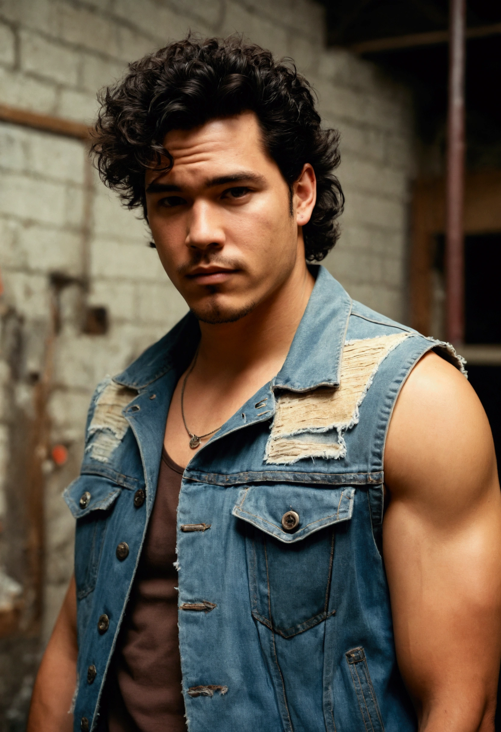 analog film photo, photo of a punk, 25 years old, male, brown eyes, short dark curls, tan complexion, soft facial features, medium height, broad shoulders, stocky physique, slightly chubby, lots of body hair, wearing a frayed denim vest and a tank top and ripped jeans, posing in an industrial loft, resembles Dean Cain, RAW Photograph, dslr, soft lighting, high quality, film grain, Fujifilm XT3, detailed skin with visible pores, insane details, masterpiece, 8k, 35mm photograph, dslr, kodachrome, faded film, desaturated, grainy, vintage, Lomography, stained, highly detailed, found footage, full-body shot