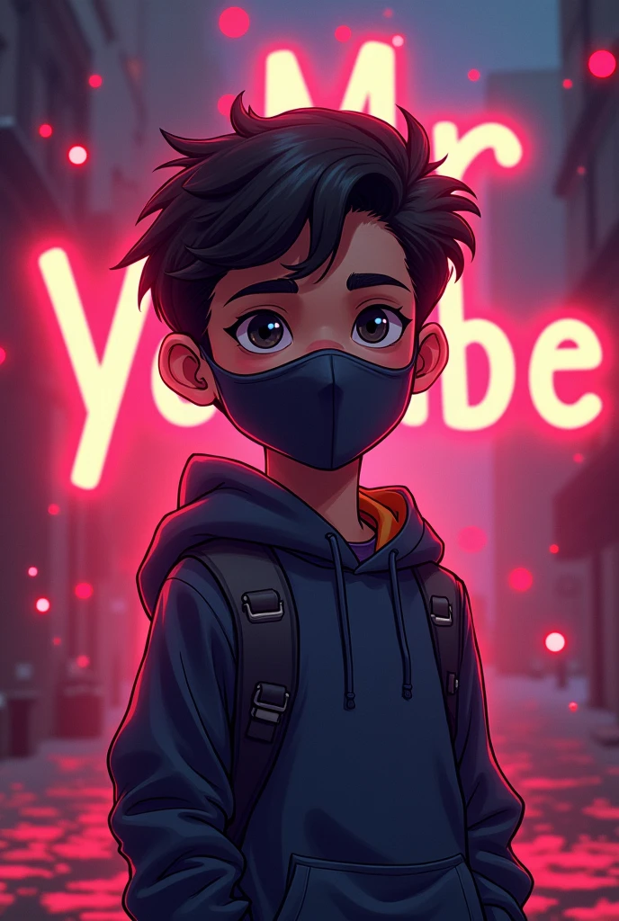 Create a a digital illustration in logo image featuring a boy wearing a face mask, standing in front of a glowing background. In the background, prominently display the text "Mr YouTube" in a bold, glowing font. The overall design should be eye-catching and visually striking, with the glowing text adding a dynamic and engaging effect.
