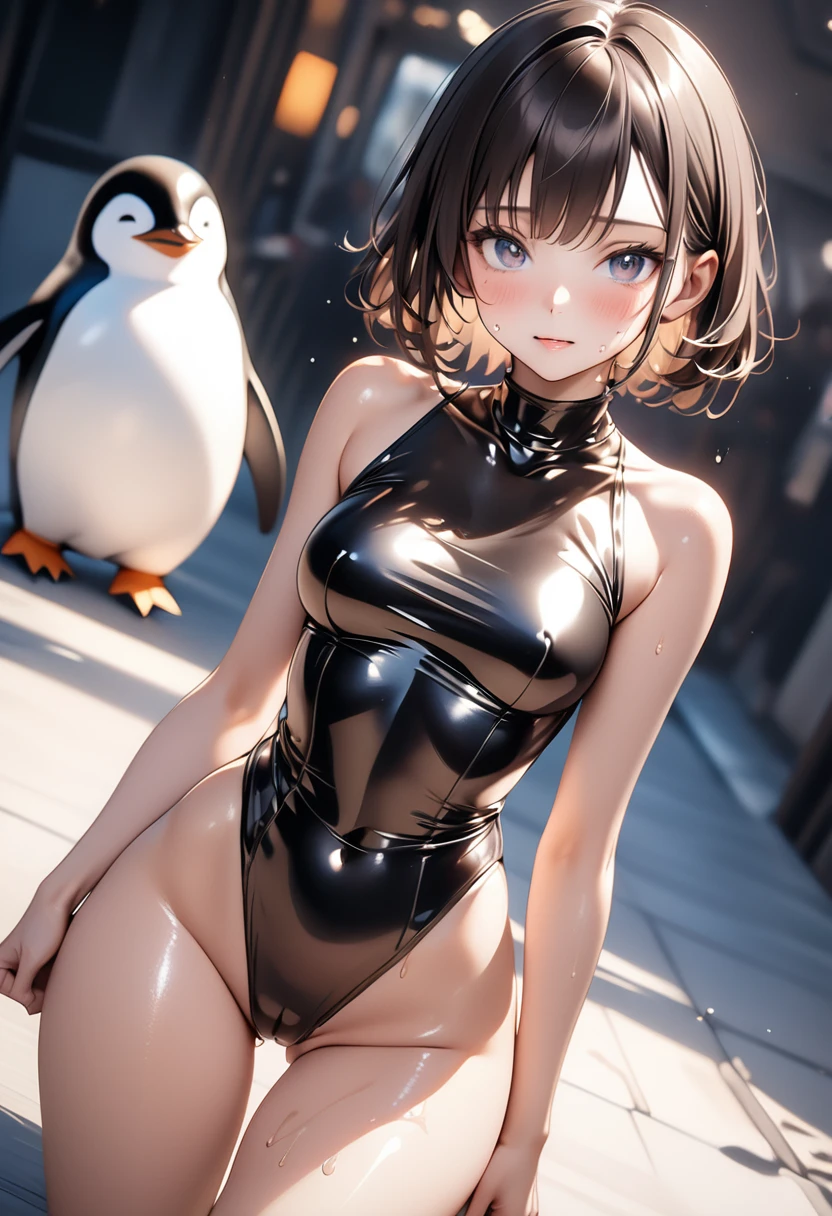 (((Wearing a penguin-colored costume))), ((Shiny Costumes)), skindentation, skinny, solo, 1 woman, Masterpiece, highest quality, highest quality, 16K, incredibly absurd, highly detailed, 2.5D, ai-generated, delicate and dynamic, very delicate facial expressions, delicate eye depiction, erotic, only sexy woman, ((A cute and kind face)), healthy figure, ((25-year-old woman)), 160cm tall, medium firm swaying bust, Dark Hair, blush, Sweat,Embarrassed,sexy, ((thin thighs)), shiny and lustrous, facing straight at viewer, (((in heat))), ((Oily_skin)), ((Lots of sweat)), (((Brown Skin))), ((dutch angle)), ((erotic pose)), (((Dynamic Pose))),