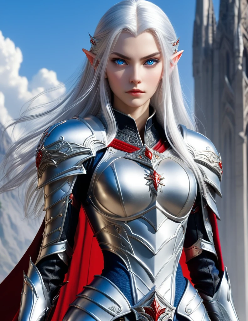Selene Glavariel Arathel, a 16-year-old human-elf hybrid with silver hair, blue eyes, a slender and tall figure, a leather armor with silver and red adornments, and a white cape with embroidered symbols. She is holding a sword in front of her and has a determined expression. The style is anime. The background is a plain color.