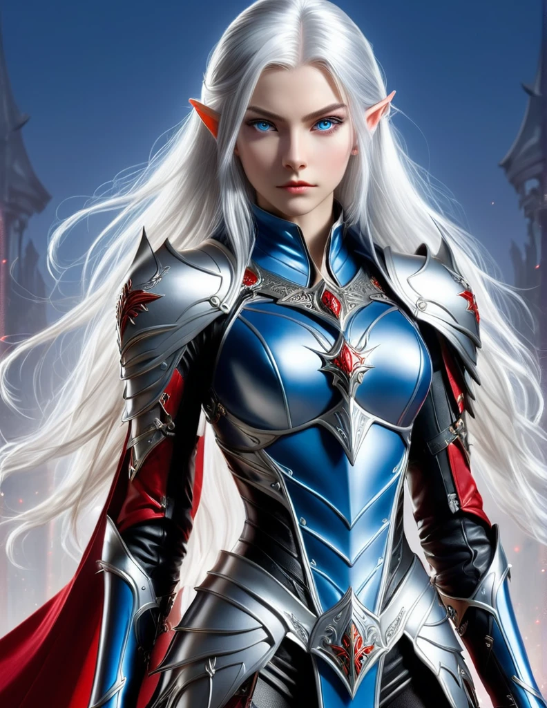 Selene Glavariel Arathel, a 16-year-old human-elf hybrid with silver hair, blue eyes, a slender and tall figure, a leather armor with silver and red adornments, and a white cape with embroidered symbols. She is holding a sword in front of her and has a determined expression. The style is anime. The background is a plain color.