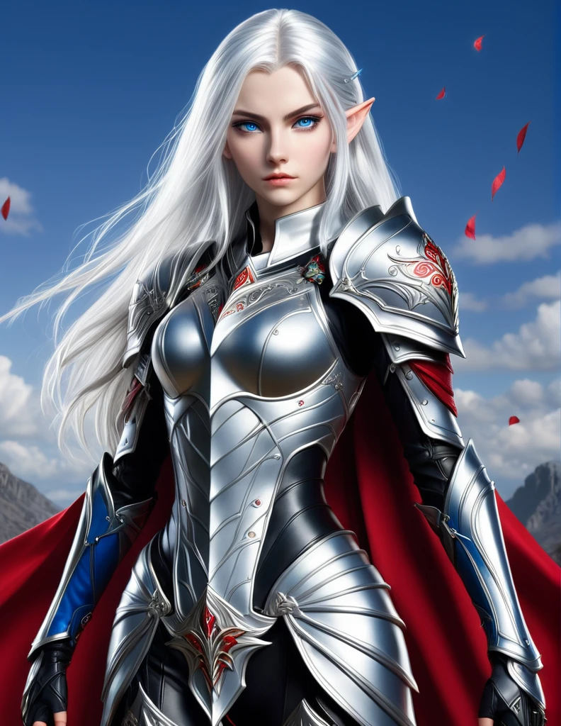 Selene Glavariel Arathel, a 16-year-old human-elf hybrid with silver hair, blue eyes, a slender and tall figure, a leather armor with silver and red adornments, and a white cape with embroidered symbols. She is holding a sword in front of her and has a determined expression. The style is anime. The background is a plain color.