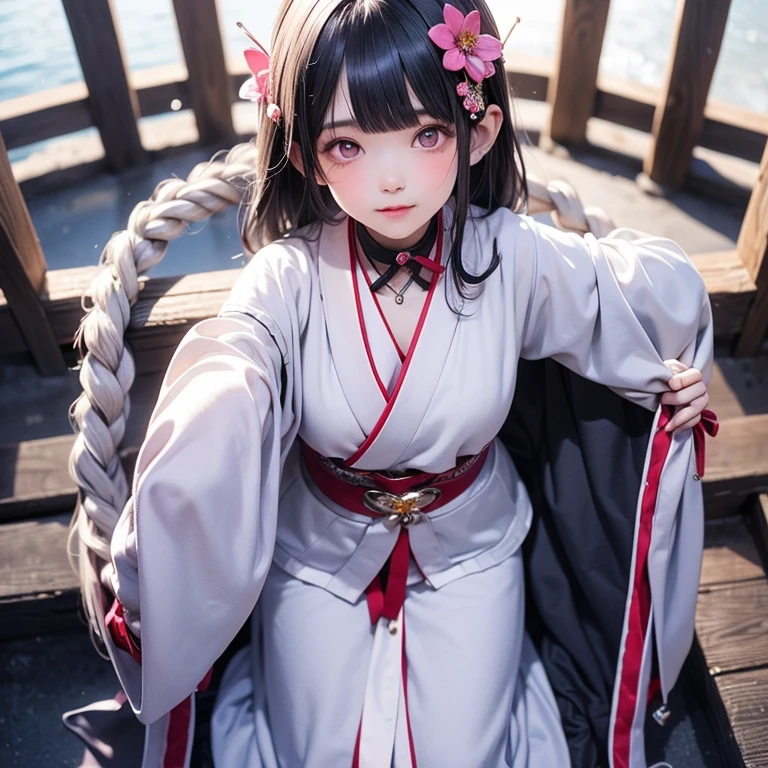 High definition、anime、A pure girl dressed in a shrine maiden's outfit、Flowers sprout from beneath your feet、１８age、Halfred with long silver hair、Full body portrait、beautiful girl、A long-sleeved miko outfit、Large eyes like opals、Powerful eyes、Kagura Dance